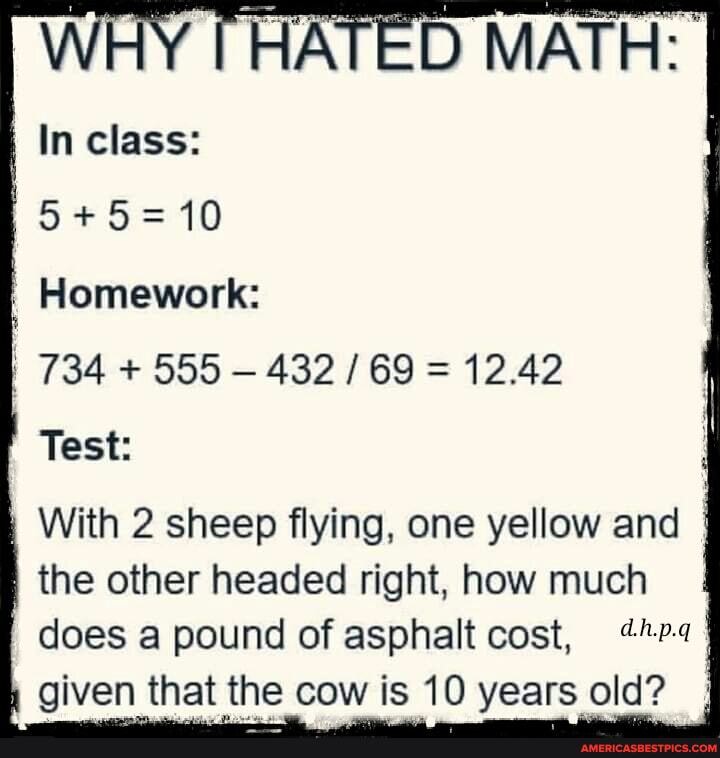 MAY HY HATED MATH:
In class:
10
Homework:
734 + 555 - 432 69 = 12.42
Test:
With 2 sheep flying, one yellow and the other headed right, how much
I does a pound of asphalt cost, given that the cow is 10 years old?
