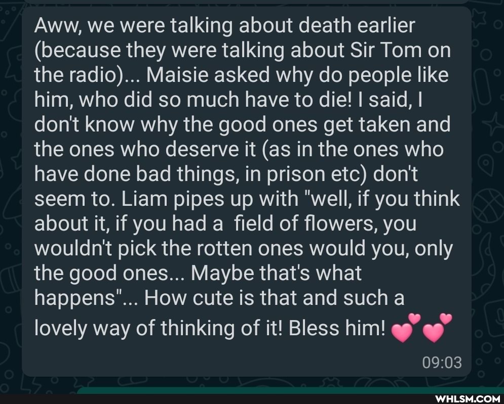 Aww, we were talking about death earlier
(because they were talking about Sir Tom on the radio)... Maisie asked why do people like him, who did so much have to die! I said, I don't know why the good ones get taken and the ones who deserve it (as in the ones who have done bad things, in prison etc) don't seem to. Liam pipes up with "well, if you think about it, if you had a field of flowers, you wouldn't pick the rotten ones would you, only the good ones... Maybe that's what happens"... How cute is that and such a
lovely way of thinking of it! Bless him! oe