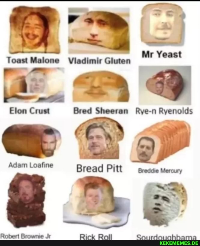 Toast Malone Viadimir Gluten
Mr Yeast
aA
Eton Crust Bred Sheeran Rye-n Ryenolds
Adam Loafine Bread Pitt Greddie Mercury
Robert Brownie Jr Rick Roll Sourdouchbama
Sourdouchhama