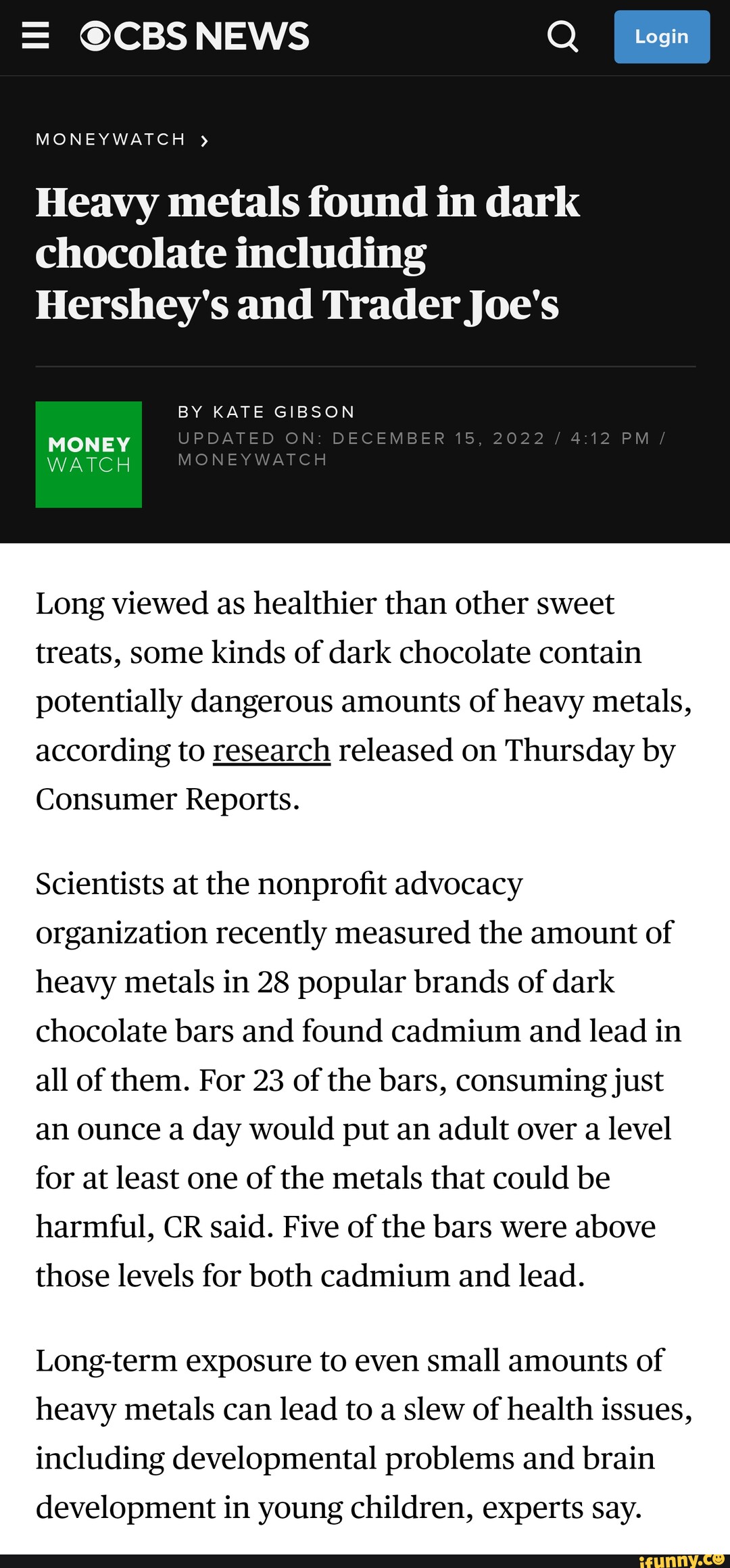 = CBS NEWS MONEYWATCH Heavy metals found in dark chocolate including