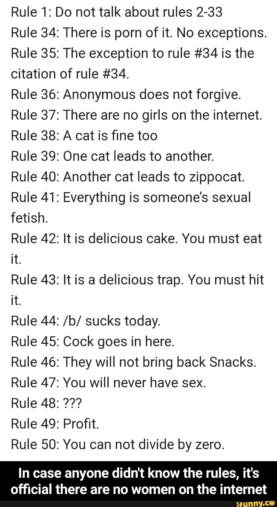 Rule 1: Do not talk about rules 2-33 Rule 34: There is porn of it.