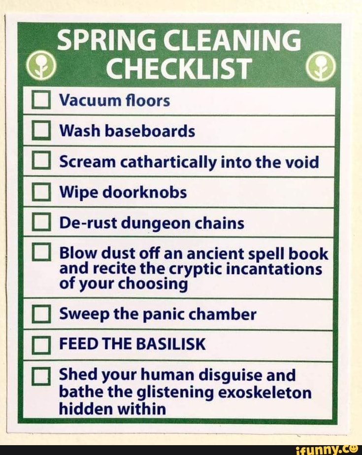 SPRING CLEANING CHECKLIST Vacuum floors Wash baseboards Scream