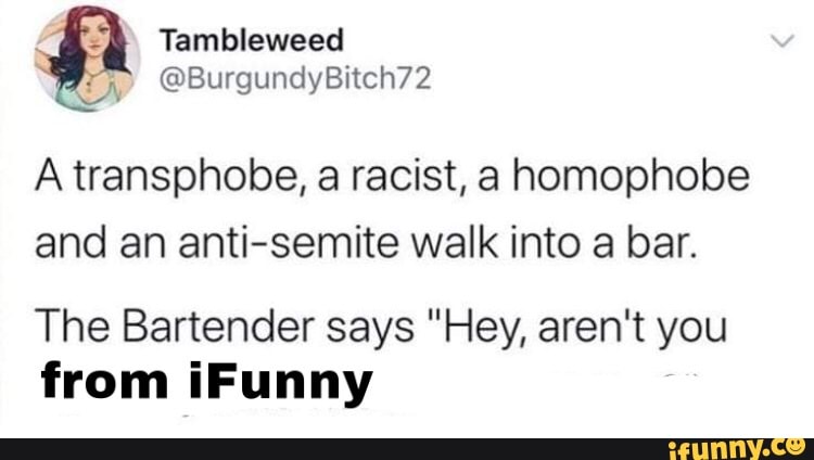 Tambleweed
@BurgundyBitch72
A transphobe, a racist, a homophobe
and an anti-semite walk into a bar.
The Bartender says "Hey, aren't you from iFunny