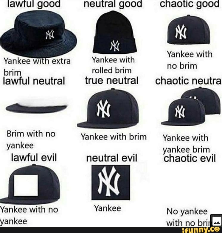 a ch
no brim
Yankee with extra Yankee with
brim rolled brim
lawful neutral true neutral chaotic neutra
Yankee with brim Yankee with
yankee
yankee brim
lawful evil Ke evil chaotic evil