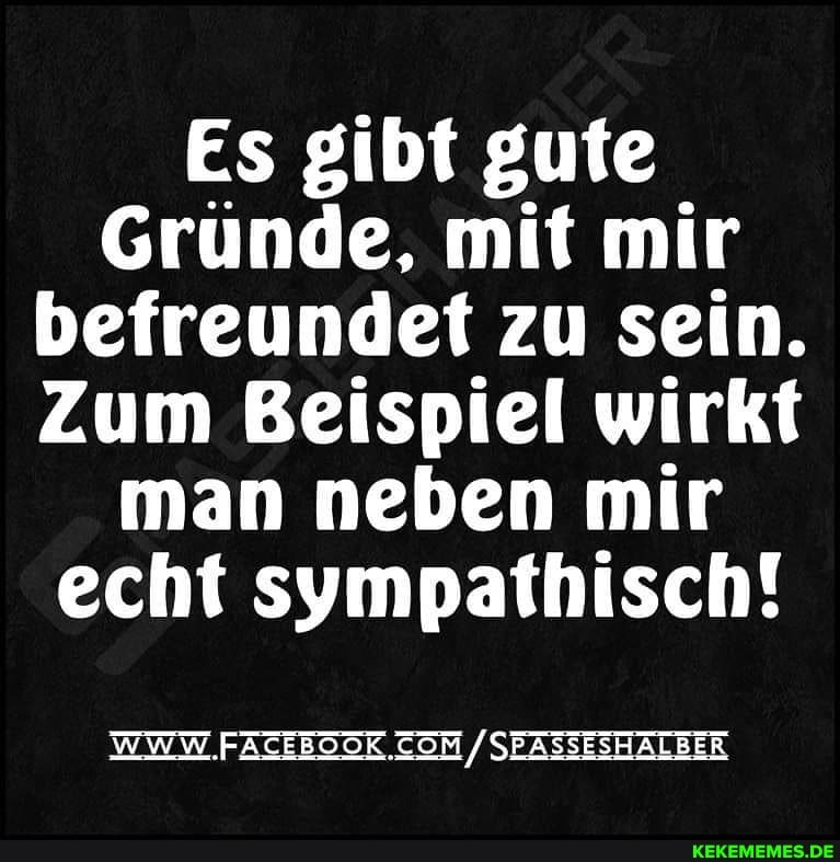 Es gibt gute
Grunde, mit mir befreundet zu sein.
Zum Beispiel wirkt man neben mir echt sympathisch!
WWW. .FACEBOOK SEASSESHALBER