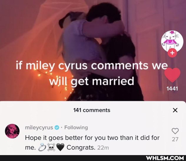 if miley cyrus comments we will get married
1441
141 comments
mileycyrus Following
Hope it goes better for you two than it did for 27