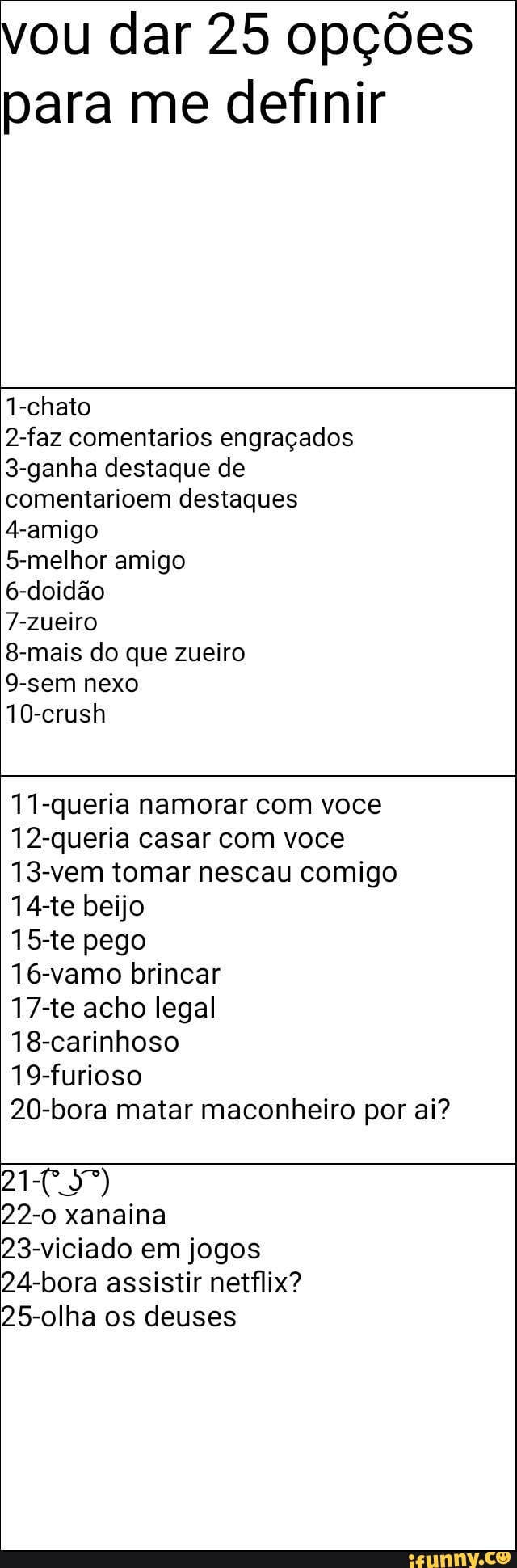 vou dar 25 opções
para me definir
1-chato
2-faz comentarios engraçados
3-ganha destaque de
comentarioem destaques
4-amigo
5-melhor amigo
6-doidão
7-zueiro
8-mais do que zueiro
9-sem nexo
11-queria namorar com voce
12-queria casar com voce
13-vem tomar nescau comigo
14-te beijo
15-te pego
16-vamo brincar
17-te acho legal
18-carinhoso
