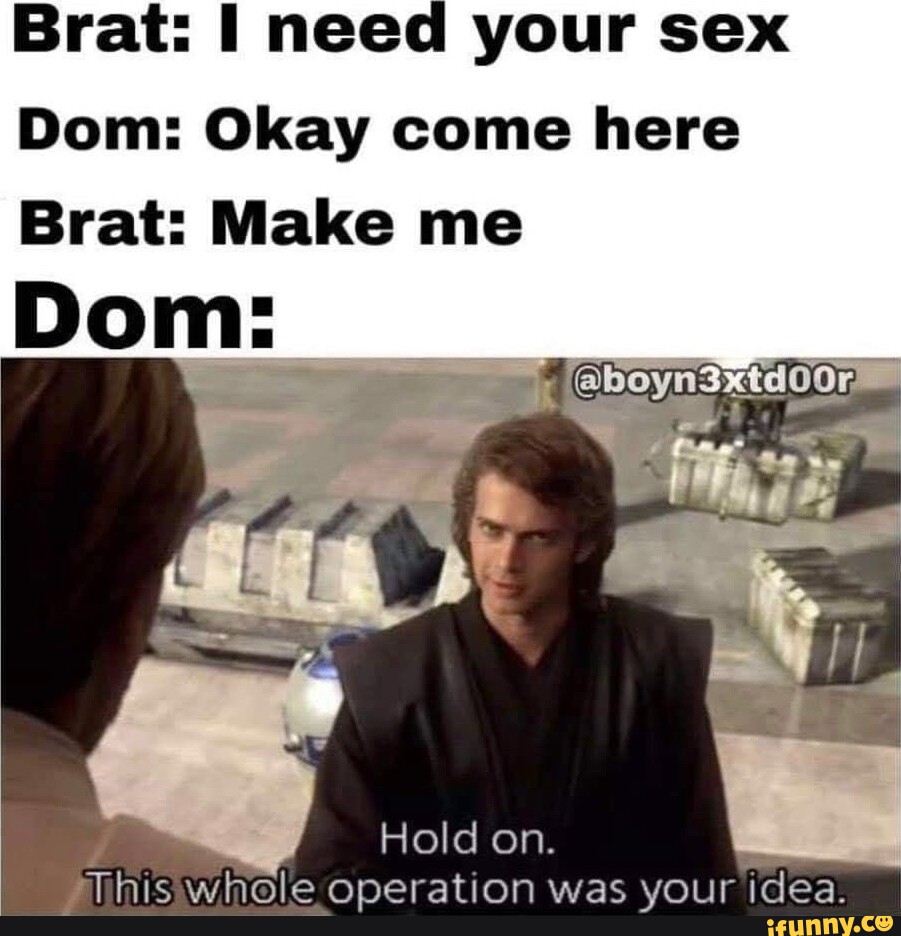 Brat: I need your sex Dom: Okay come here Brat: Make me Dom: Hold on. This  whole operation was your idea. - iFunny