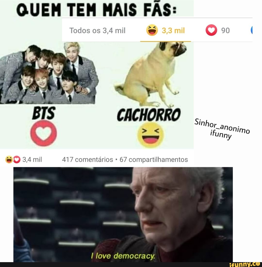 QUEM TEM MAIS FAS:
O 34mil 417 comentários 67 compartilhamentos
I love democracy.