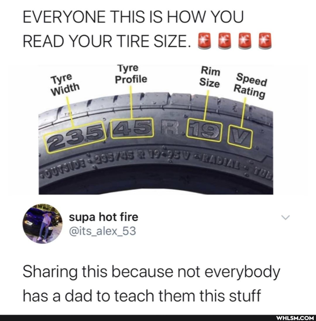 EVERYONE THIS IS HOW YOU READ YOUR TIRE SIZE.
Tyre Rim tyre Profile Si Sp eeq width 'ze Rating
supa hot fire
@its_alex_53
Sharing this because not everybody has a dad to teach them this stuff