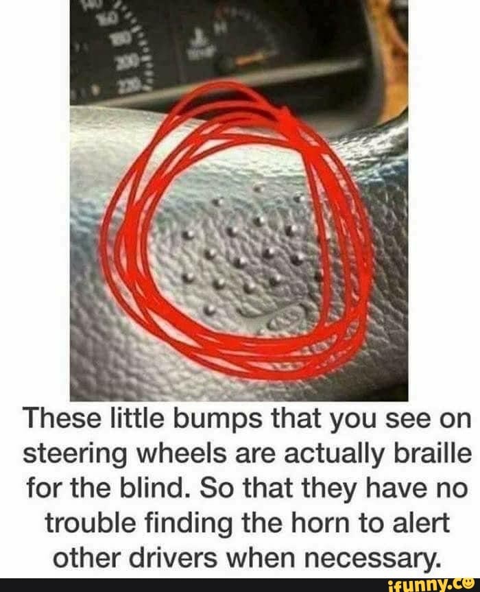 These little bumps that you see on
steering wheels are actually braille
for the blind. So that they have no trouble finding the horn to alert other drivers when necessary.