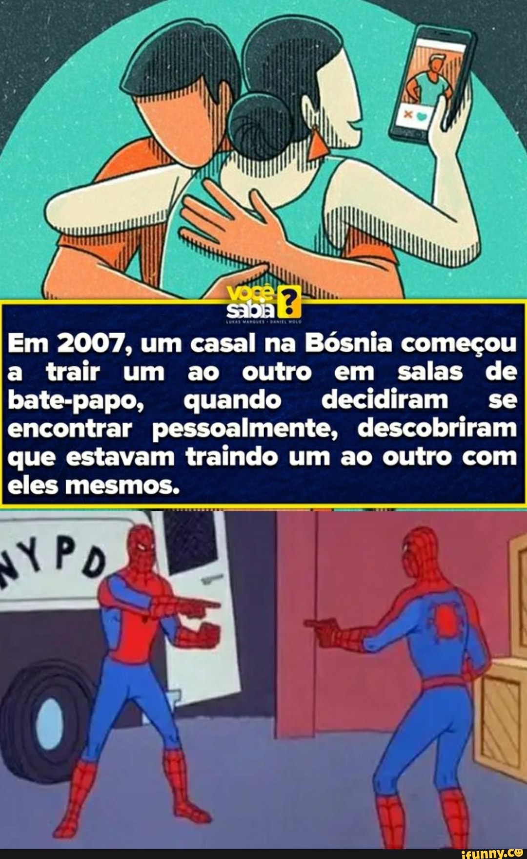 Em 2007, um casal na Bósnia começou a trair um ao outro em salas de bate-papo, quando decidiram se encontrar pessoalmente, descobriram que estavam traindo um ao outro com eles mesmos.