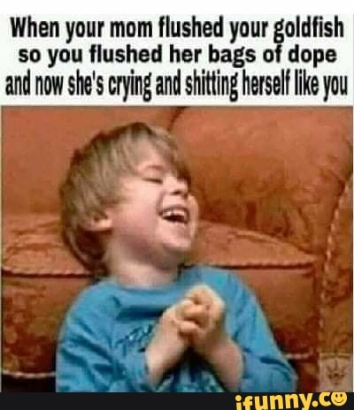 When your mom flushed your goldfish so you flushed her bags of dope
and now she's crying and shitting herself like you