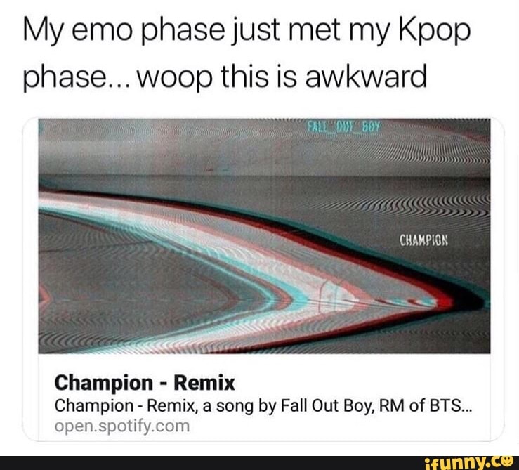 My emo just met my Kpop phase... woop is awkward Champion - Remix Champion - Remix, a song by Fall Out Boy, RM of BTS... open.spotify.com - )