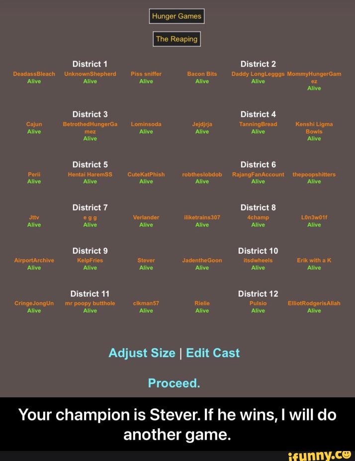 The
1 District 2
Disteiet 3 District
Distriet District
7 Olstiet
16
Digtriet 12
Adjust Size I Edit Cast
Proceed.
Your champion is Stever. If he wins, I will do another game. - Your champion is Stever. If he wins, I will do another game.