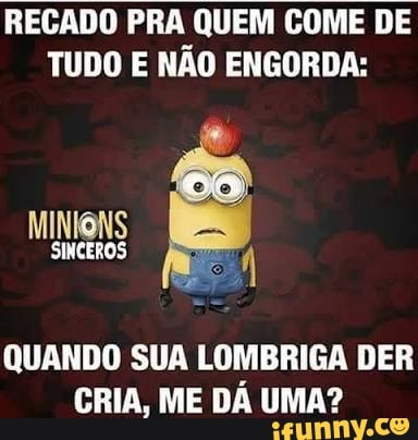 RECADO PRA QUEM COME DE
TUDO E NÃO ENGORDA:
MINIONS
QUANDO SUA LOMBRIGA DER
CRIA, ME DA UMA?