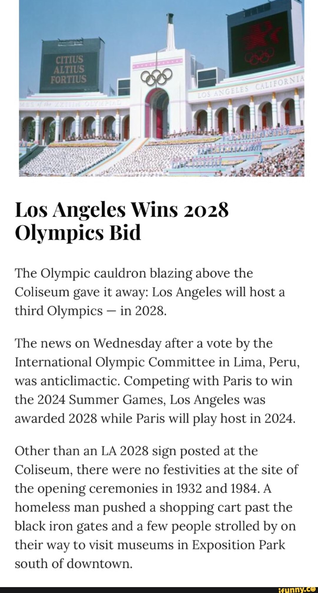 Coliseum Cauldron Los Angeles Wins 2028 Olympics Bid The Olympic cauldron blazing above ...