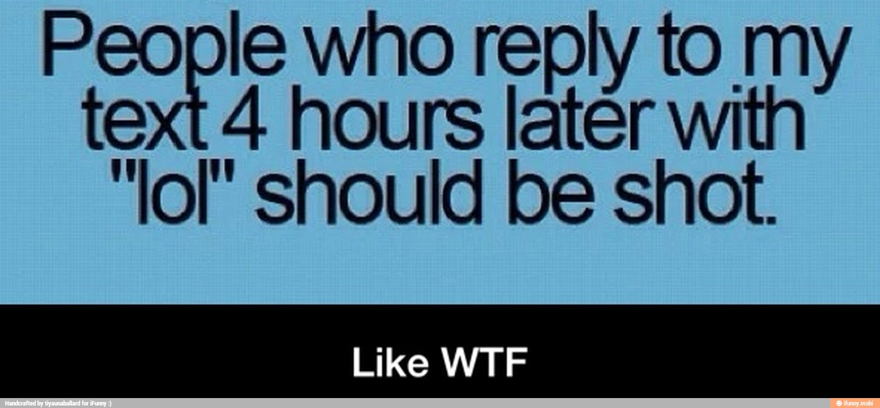 People who reply to my
text 4 hours later with
"lol" should be shot.
Like WTF - Like WTF
