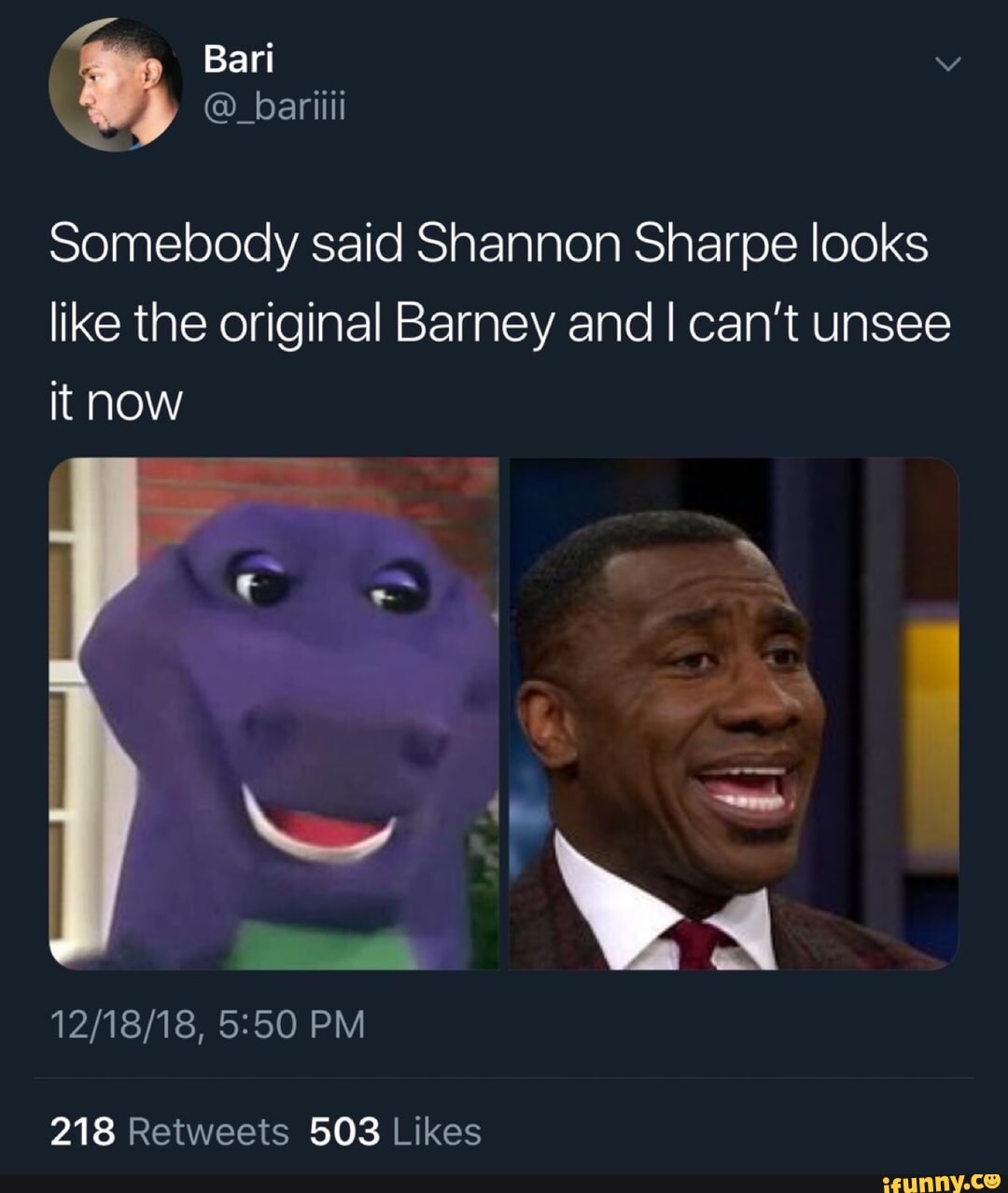 Somebody said Shannon Sharpe looks like the original Barney and I can’t ...