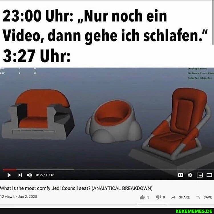 :00 Uhr: "Nur noch ein
Video, dann gehe ich schlafen."
Uhr:
hat is the most comfy Jedi Council seat? (ANALYTICAL BREAKDOWN)