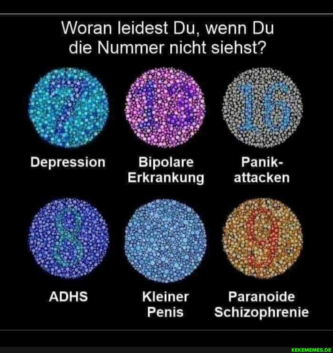 Woran leidest Du, wenn Du die Nummer nicht siehst?
Depression Bipolare Panik-
Erkrankung attacken
Kleiner Paranoide
Penis Schizophrenie