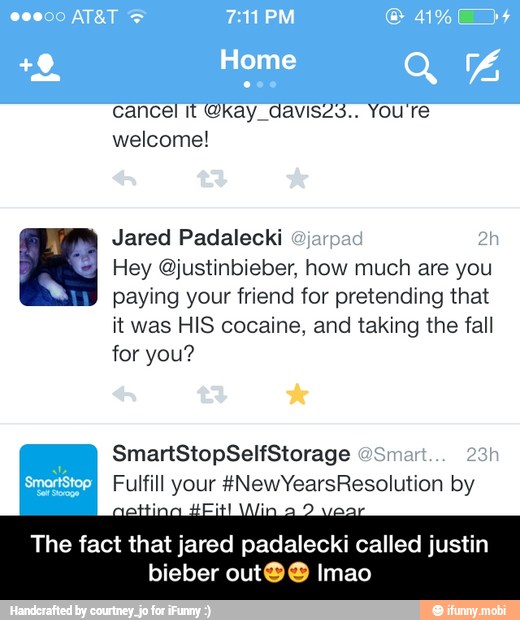 =) Hey Ojustinbieber, how much are you
paying your friend for pretending that
taking
for you?
a
The fact that
jared padalocid
called justin
bieber out@@ Imao - The fact that jared padalecki called justin bieber outππ lmao