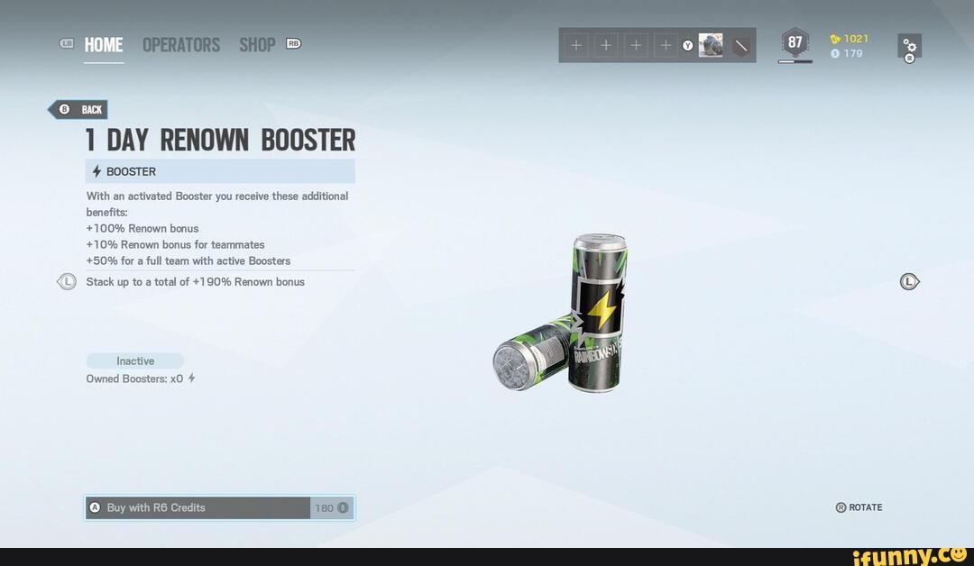 DAY RENOWN BOOSTER
4 BOOSTER
With an activated Booster you receive these additional benefits:
+100% Renown bonus
+10% Renown bonus for teammates
+50% for a full team with active Boosters
Stack up to a total of +1 90% Renown bonus
Inactive
Owned Boosters: xO 4+
ROTATE