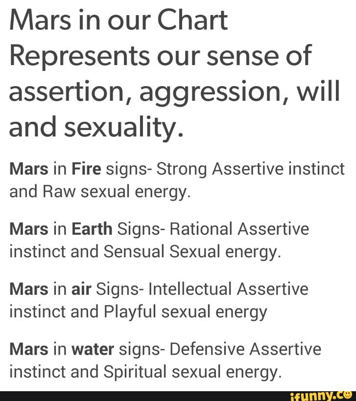 Mars in our Chart
Represents our sense of
assertion, aggression, will
and sexuality.
Mars in Fire signs- Strong Assertive instinct
and Raw sexual energy.
Mars in Earth Signs- Rational Assertive
instinct and Sensual Sexual energy.
Mars in air Signs- Intellectual Assertive
instinct and Playful sexual energy
Mars in water signs- Defensive Assertive
instinct and Spiritual sexual energy.