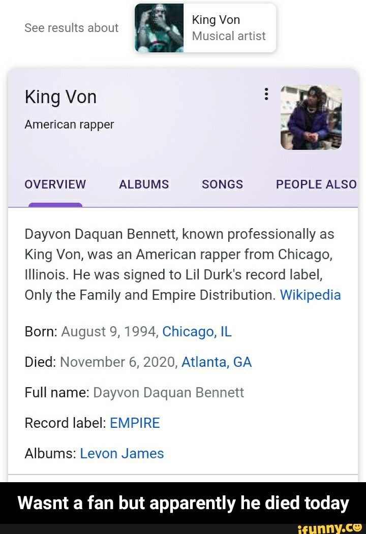 King Von See results about Musical artist King Von American rapper ...