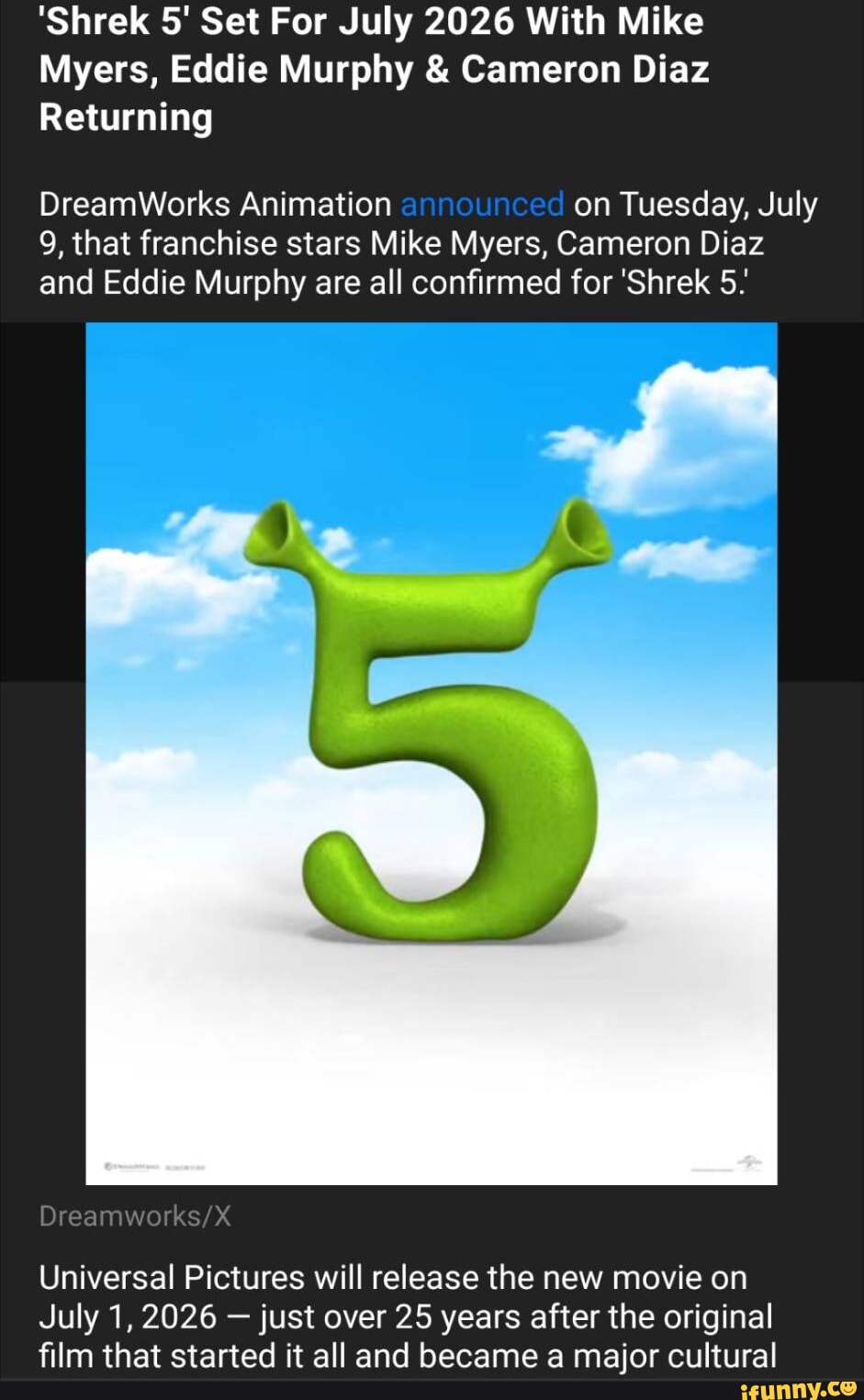 Shrek Major 'Shrek 5' Set For July 2026 With Mike Myers, Eddie Murphy & Cameron ...