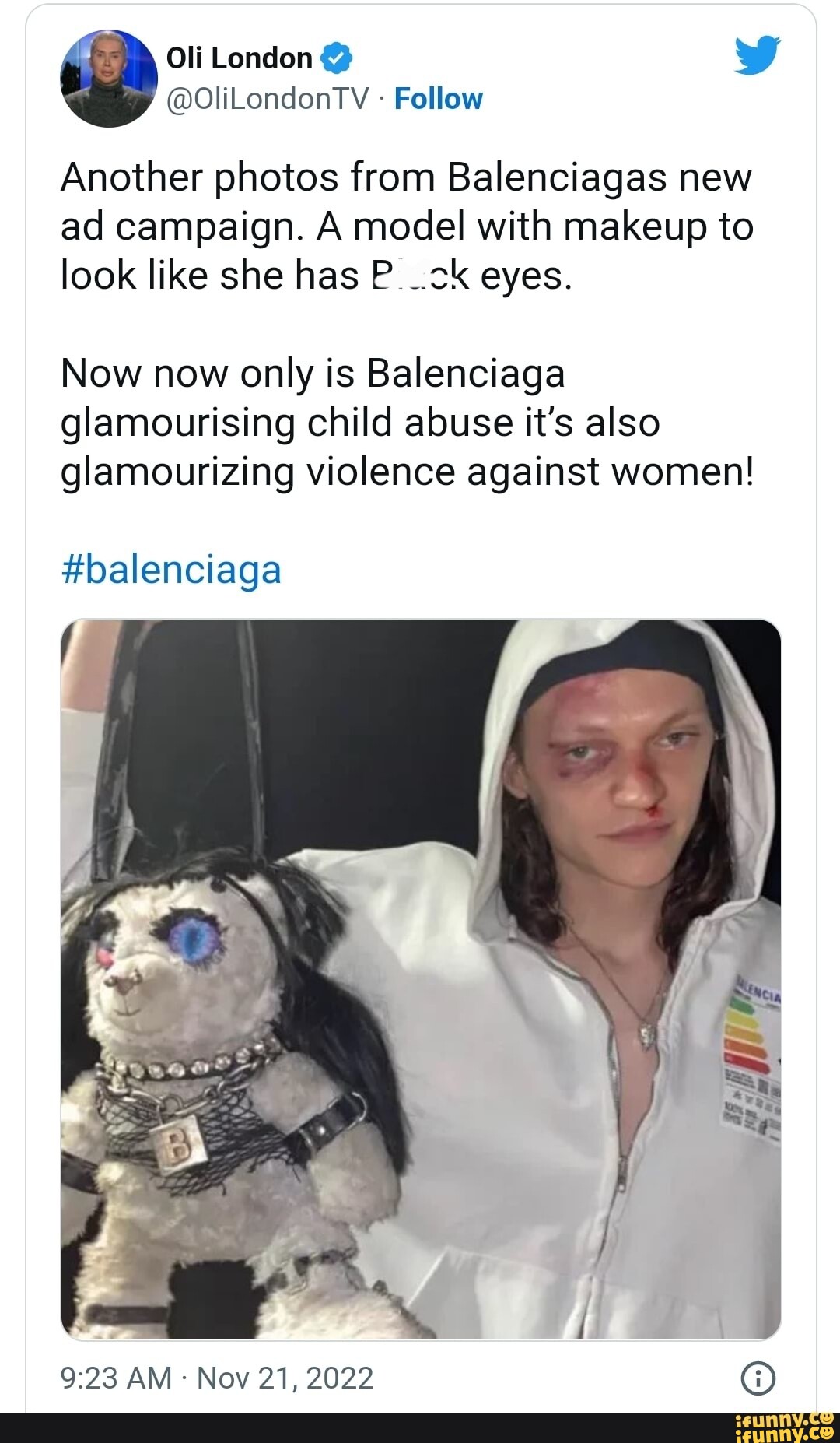 Oli London on X: Another photos from Balenciagas new ad campaign. A model  with makeup to look like she has Black eyes. Now now only is Balenciaga  glamourising child abuse it's also