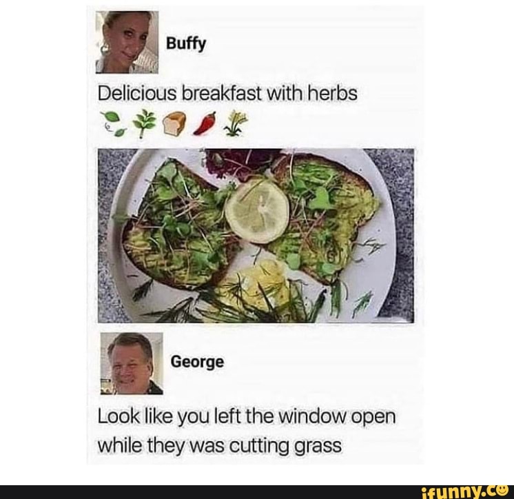 Delicious breakfast with herbs
Look like you left the window open
while they was cutting grass