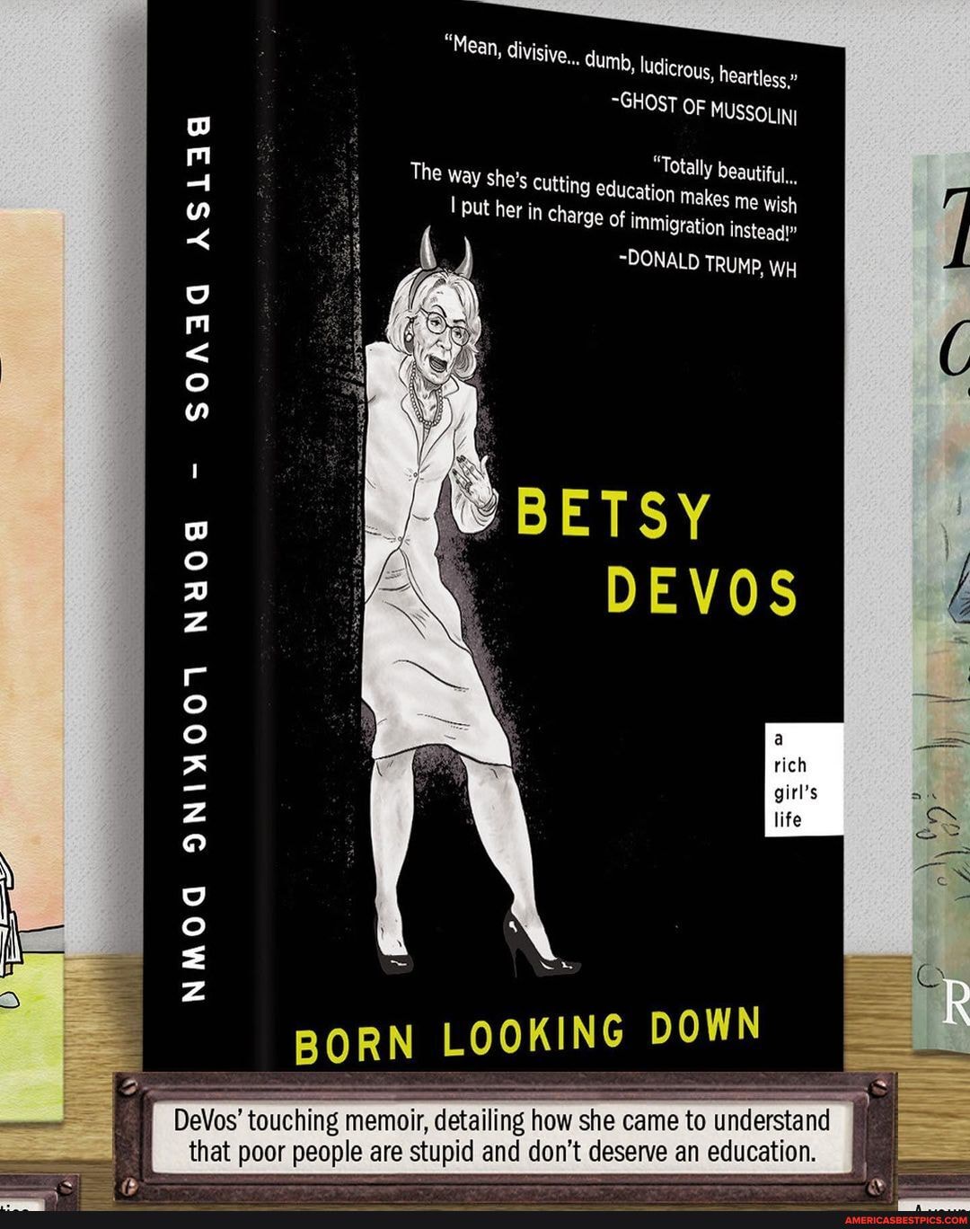 "Mean, divisive,,, dumb, ludicrous, heartless,"
~GHOST OF MUSSOLINI
"Totally beautiful.., ion makes me Wish
Migration instead!
~DONALD TRUMP, WH
BETSY
ASLAG
The way she's Cutting educat put her in charge of im
ww
NMOG
BORN LOOKING DOWN
und
"touching memoir, detailing how she ca at poor people are stupid and don't de: an education.