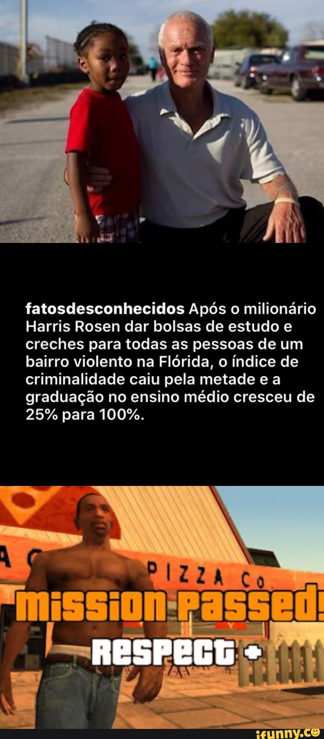 fatosdesconhecidos Após o milionário
Harris Rosen dar bolsas de estudo e
creches para todas as pessoas de um
bairro violento na Flórida, o índice de
criminalidade caiu pela metade e a
graduação no ensino médio cresceu de
