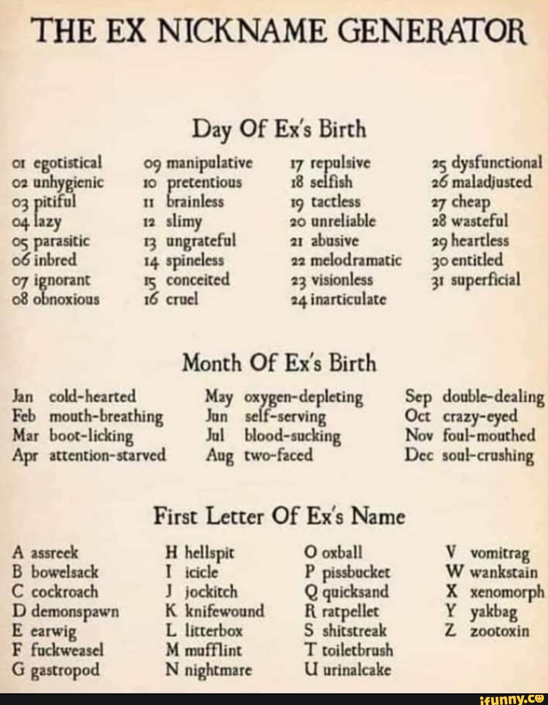 THE EX NICKNAME GENERATOR Day Of Ex's egotistical manipulative ---17_ repulsive ag unhygienic