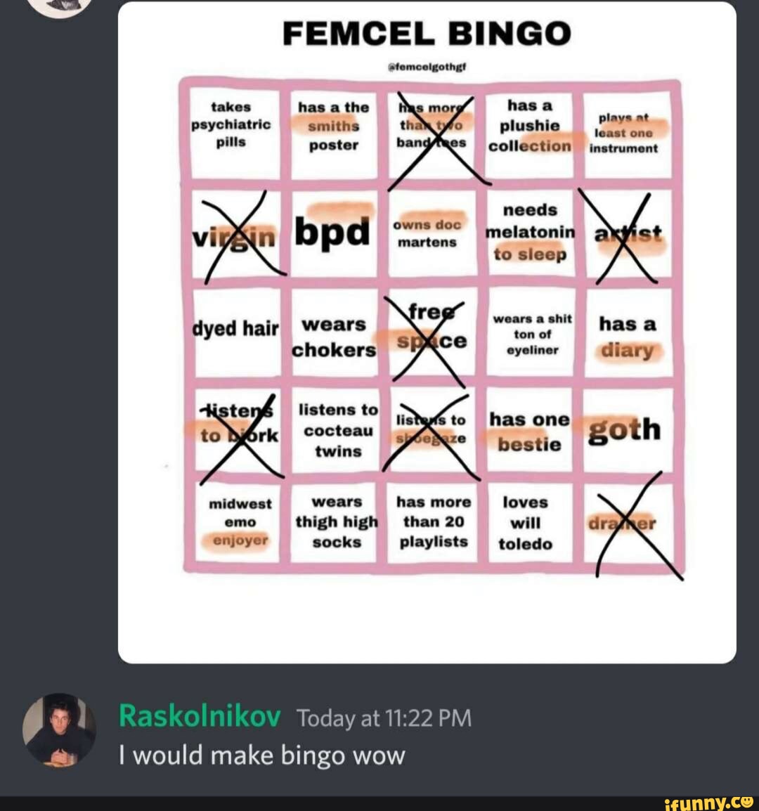 True femcel bingo Be scars, gs, etc thar Bost ptionalty inabitity to ...