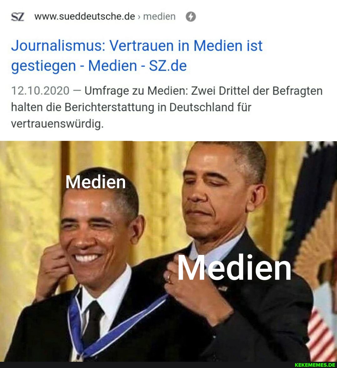 SZ www.sueddeutsche.de " medien
Journalismus: Vertrauen in Medien ist gestiegen - Medien - SZ.de
12.10.2020 - Umfrage zu Medien: Zwei Drittel der Befragten halten die Berichterstattung in Deutschland für vertrauenswürdig.
Medien
Medien