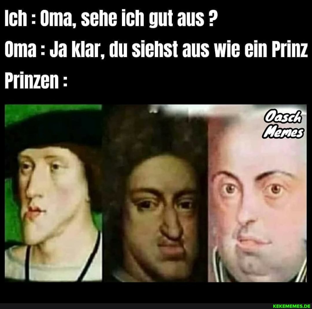 Ich : Oma, sehe ich gut aus ?
Oma : Ja klar, du siehst aus wie ein Prinz
Prinzen :
Memes