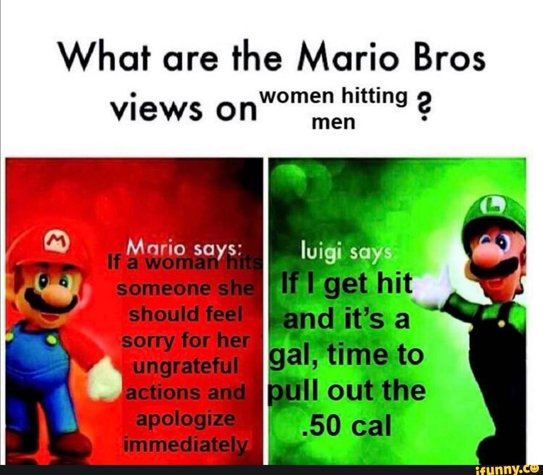 What are the Mario Bros views on women hitting 2 men i - iFunny