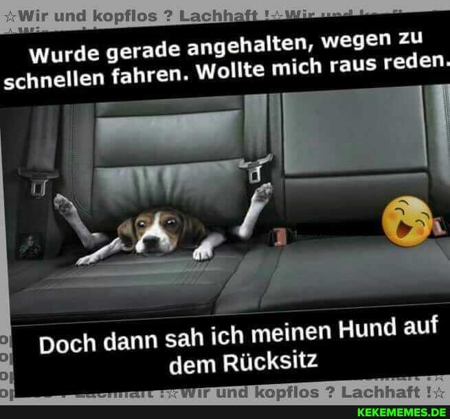 und kapfles
Wurde gerade angehalten, wegen zu schnellen fahren. Wollte mich raus reden.
Doch dann sah ich meinen Hund auf dem Rücksitz