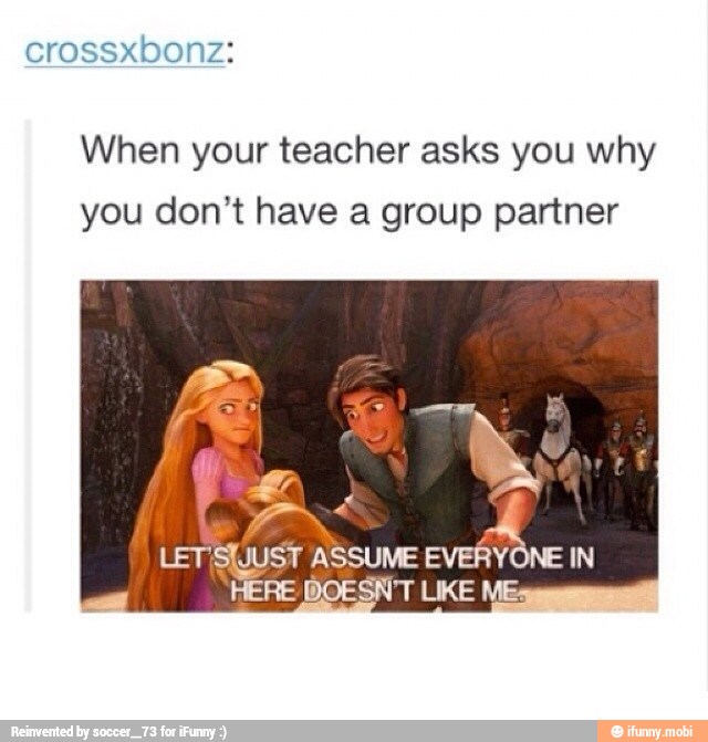 When your teacher asks you why
you don't have a group partner
LETISJUST ASSUME EVERYONE IN
HERE DOESN'T LIKE
MEs