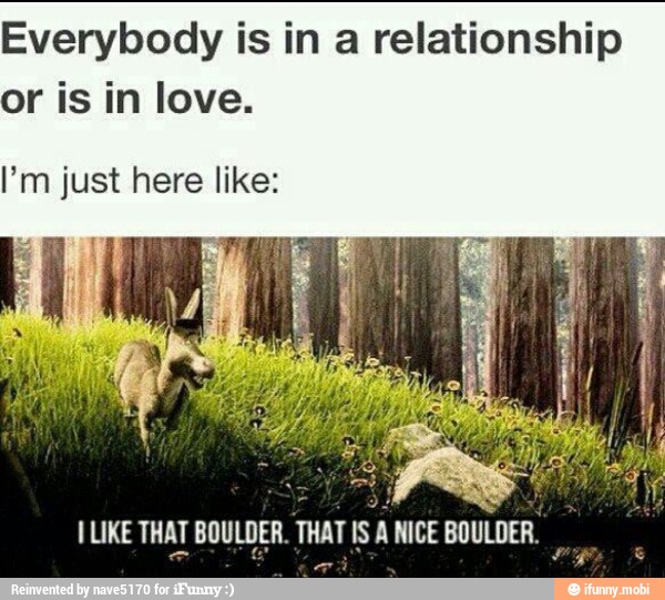 Everybody is in a relationship
or is in love.
7
y
j
ILIKE THAT BOULDER. THAT IS A NICE BOULDER.
