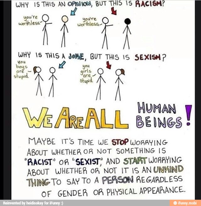 MAYBE IT'S TIME WE STOP WonavING
ABouT WHETHER OR NOT SOMETHING IS
"RACIST" OF "SEXIST? AND START WORRYING
ABOUT WHETHER oA NoT IT IS AN UNAIND
THING To SAV To A PERSON REGARDLESS
OF GENDER OA PHYSICAL APPEARANCE.