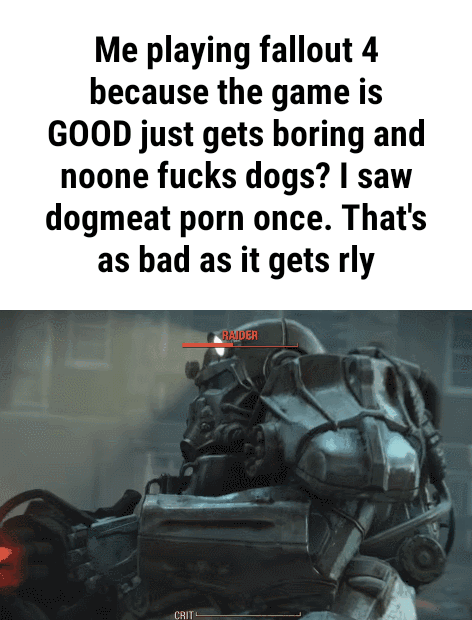 Fallout 4 Dog Porn - Me playing fallout 4, because the game is, GOOD just gets boring and, noone  fucks dogs? I saw, dogmeat porn once. That's, as bad as it gets rly