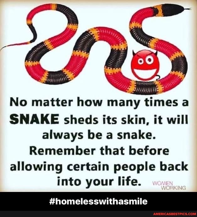 No matter how many times a
SNAKE sheds its skin, it will always be a snake.
Remember that before allowing certain people back into your life.
#homelesswithasmile - #homelesswithasmile