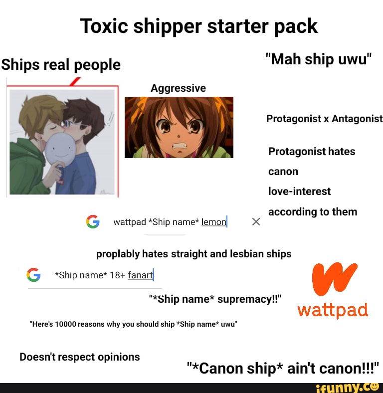 Toxic shipper starter pack
Ships real people "Mah ship uwu"
Aggressive
Protagonist x Antagonist
Protagonist hates canon love-interest according to them
G wattpad *Ship name* lemonI x
proplably hates straight and lesbian ships
G *Ship name* 18+ fanartI
"*Ship name* supremacy!" wattpad
"Here's 10000 reasons why you should ship *Ship name* uwu
Doesn't respect opinions %Canon shin* ain't canoll"