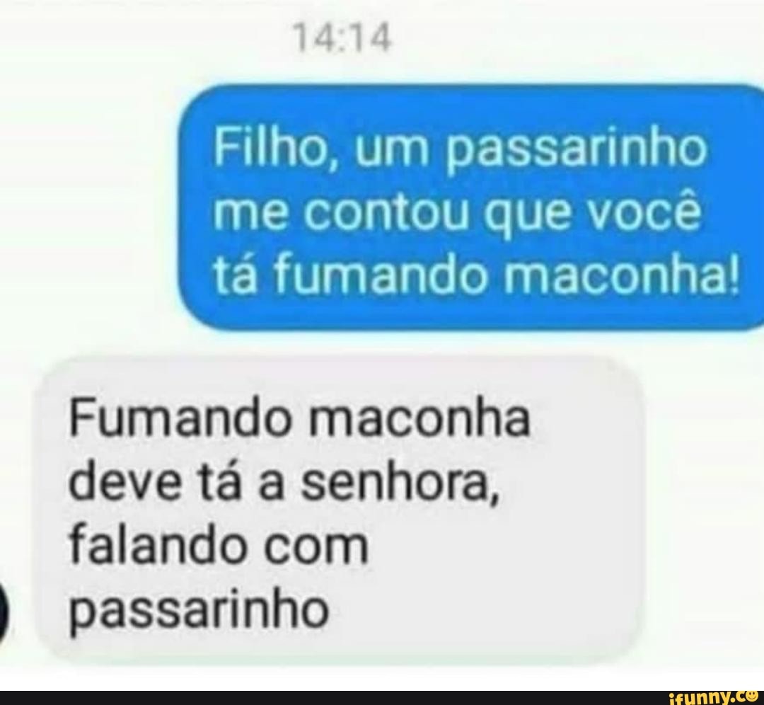 Filho, um passarinho
me contou que você
tá fumando maconha!
Fumando maconha
deve tá a senhora,
falando com
II passarinho