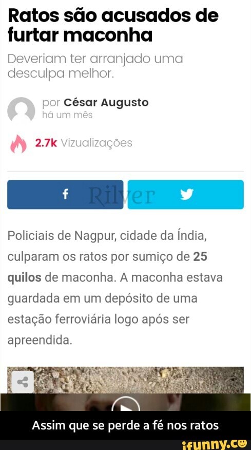 Ratos são acusados de
furtar maconha
Deveriam ter arranjado uma
desculpa melhor.
r
César Augusto
Policiais de Nagpur, cidade da Índia,
culparam os ratos por sumiço de 25
quilos de maconha. A maconha estava
guardada em um depósito de uma
estação ferroviária logo após ser
apreendida.
Assim que se perde a fé nos ratos - Assim que se perde a fé nos ratos