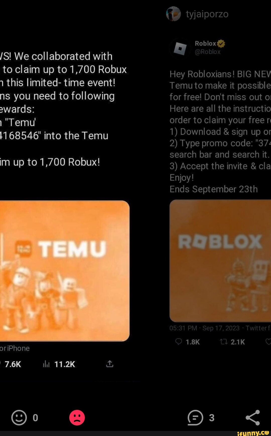 Roblox Hey Robloxians! BIG NEWS! We collaborated with Temu to make it  possible to claim up