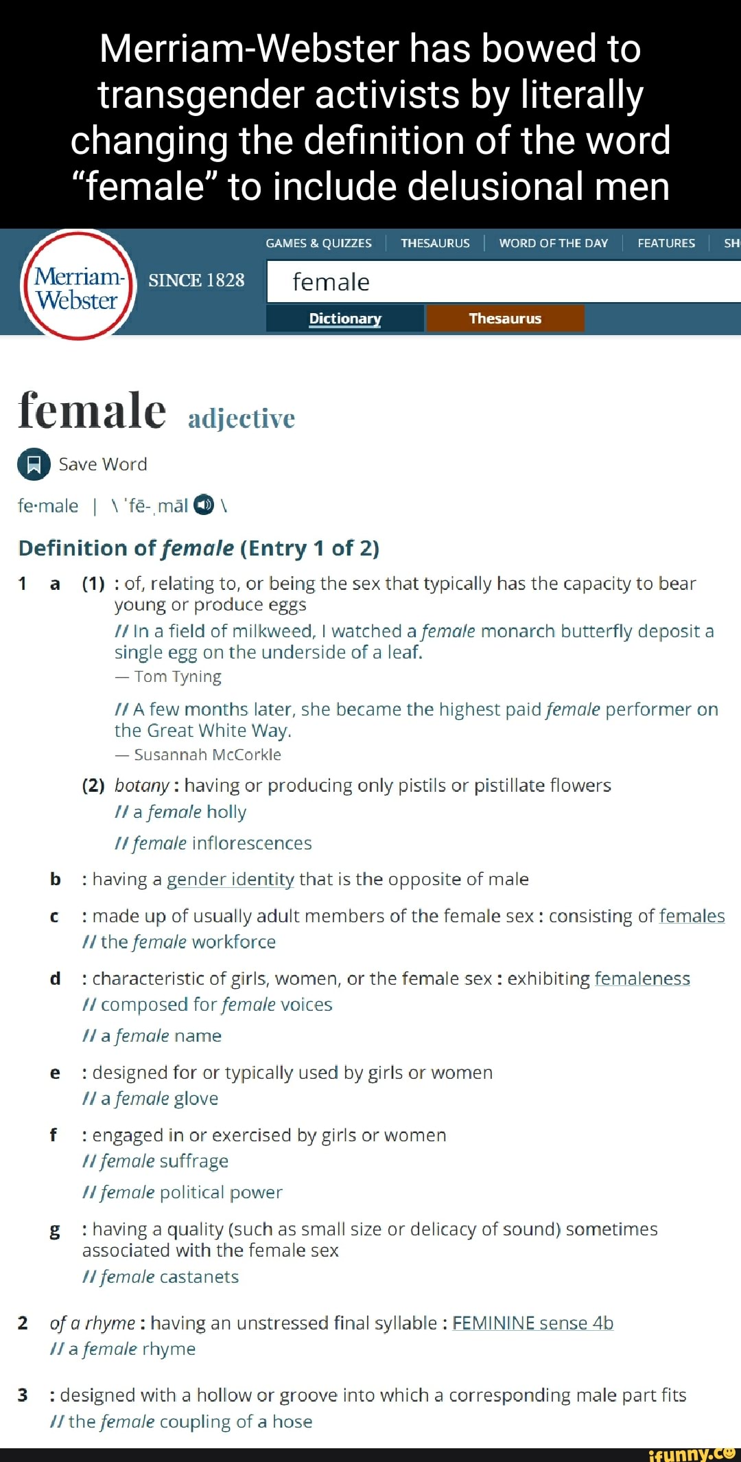 Merriam-Webster bowed to transgender activists by literally changing definition of word "female"